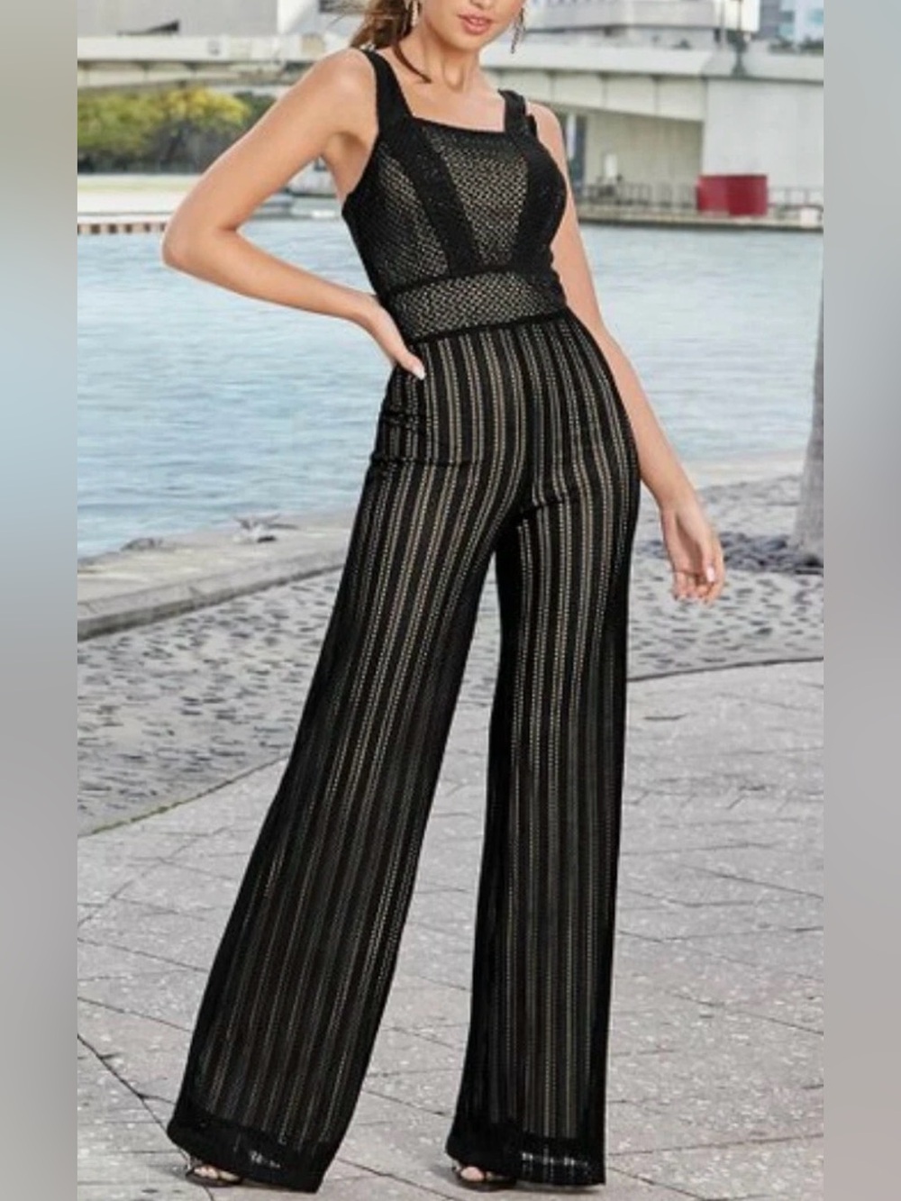 Venus Black Wide-Leg Knit Jumpsuit with Nude Lining